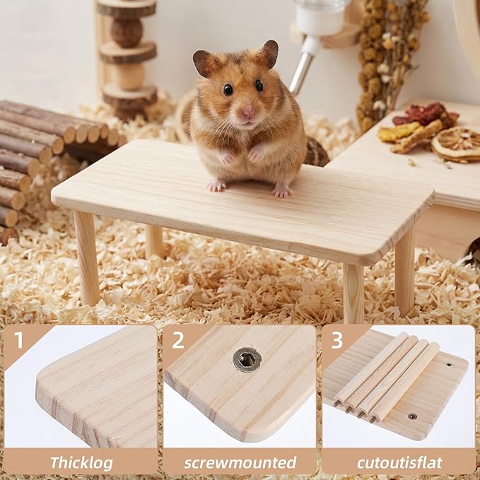 Hamster Play Wooden Platform, 5.51x4.72x4.72in Hamster Cage Platform Small Animal Wood Stand Cage Accessories for Syrian Hamsters Mice Squirrel and Other Small Pets
