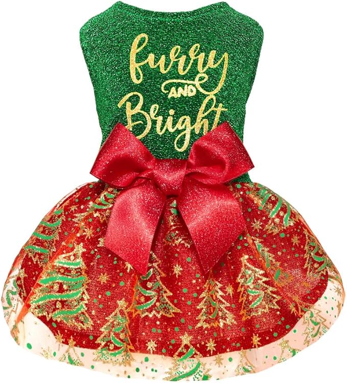 Fitwarm Sparkly Dog Christmas Outfit, Tulle Dress, Winter Clothes for Small Dogs, Christmas Tree Outfit, Red, Green, Golden, XS