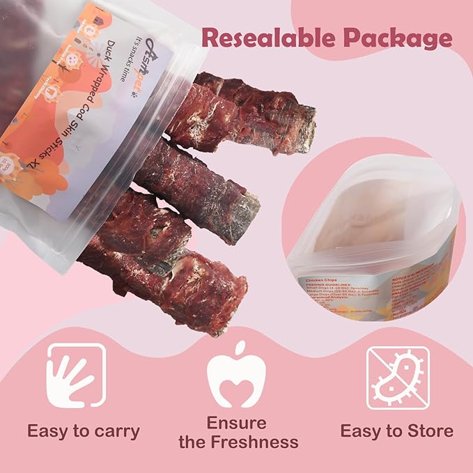 ASMPET Dog Cod Skin Treats, Duck Wrapped Cod Skin Sticks, Rawhide Free Dog Treats Chews Bones, Extra Large