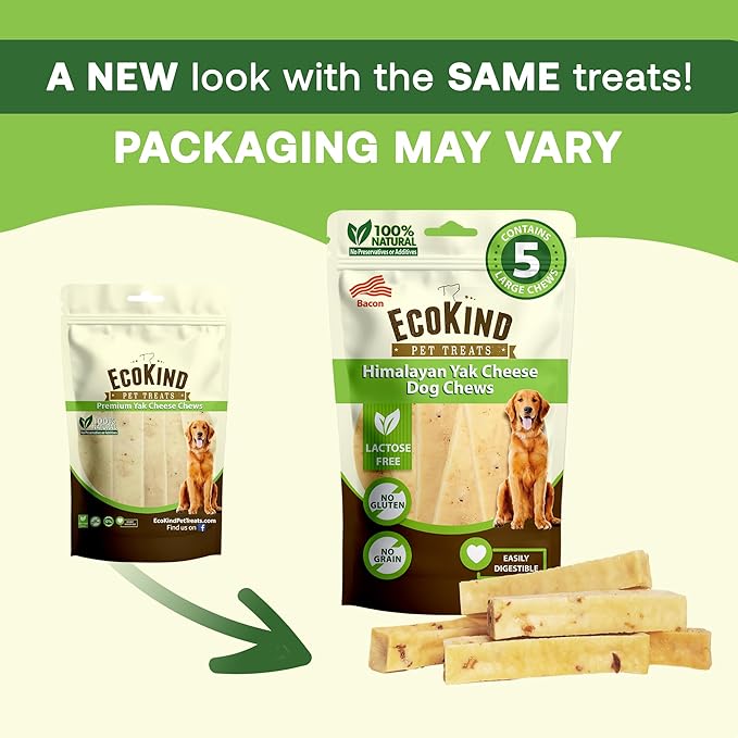 EcoKind Premium Gold Yak Cheese Himalayan Dog Chews, Dog Treats Large Breed, All Natural, High Protein Dog Chew, Bacon, Large - 12+ Chews (3 lbs)