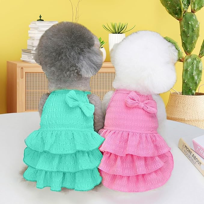 2 Pieces Dog Dress for Small Dogs Girl,Puppy Sleeveless Clothes Pet Pullover Vest Skirt,Cute Bow Tiered Cake Dress Pet Dog Shirt Breathable Outfits for Small Dogs Puppy Cats Girl Apparel