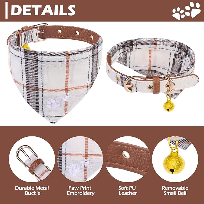 EXPAWLORER Puppy Collar and Leash - Embroidery Pawprints Plaid Small Dog Collars and Leash Set, Cute Bandana and Detachable Collar, Suitable for Small Dogs Cats Girl Boy, Cream XS