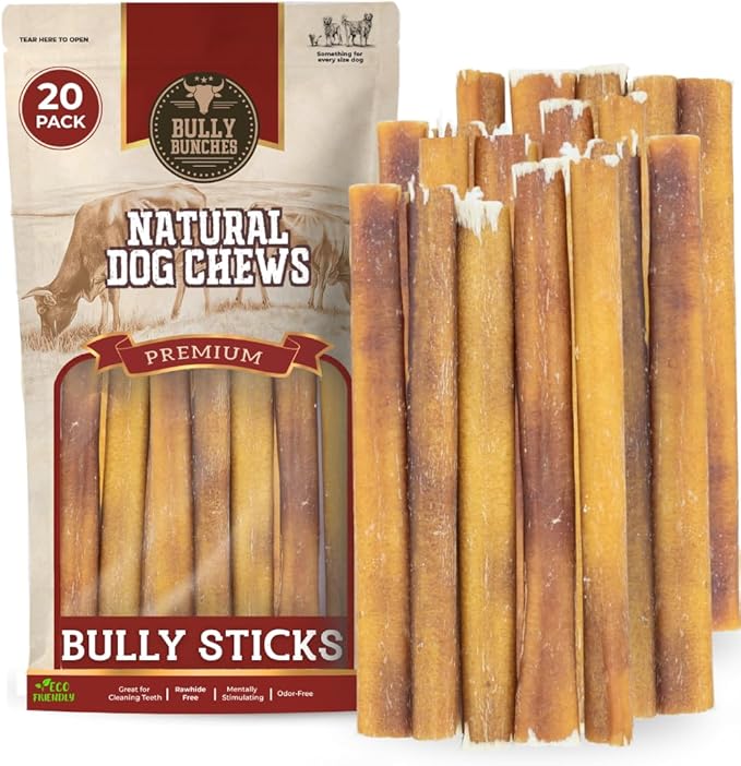 Bully Bunches Premium 6 Inch Standard Odor-Free Bully Sticks for Small to Medium Dogs & Puppies - Consistently Sized, Long Lasting Chews for Oral Care - All Natural, 100% Beef Dog Treats (20 Pk)