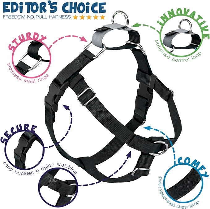 2 Hounds Design Freedom No Pull Dog Harness, Adjustable Harness, Easy Walking & Comfortable Control, Fits Small, Medium & Large Dogs, Solid Colors, Made in USA, 1" XL, Black