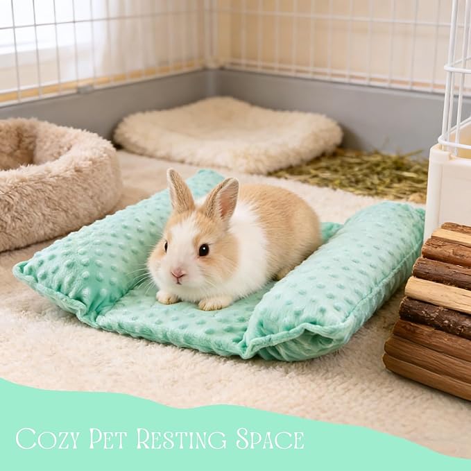 Rabbit Bed, Soft Dot Fleece Bunny Mat, 17x17In Small Animal Pillow for Guinea Pig, Reversible, Washable Pet Cushion Mint Green