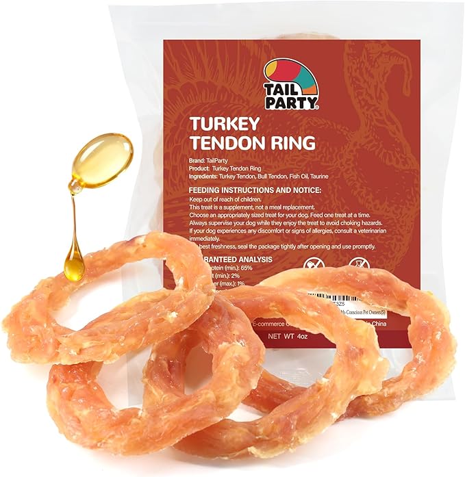 TailParty Turkey Tendons for Dogs with Fish Oil & Taurine: All Natural Dental Chews & Training Treats, Long Lasting Snack for Health-Conscious Pet Owners(Ring, 4 oz)