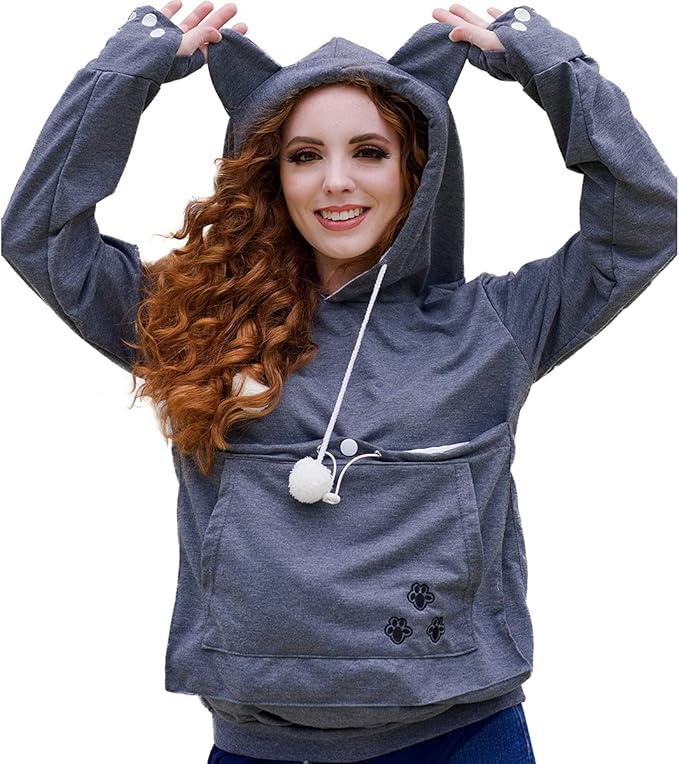 ALYC Unisex Hoodies Pet Holder Cat Dog Large Pouch Carriers Pullover with Cat Printing Sweatshirt (Dark Grey-Classic Version, L)