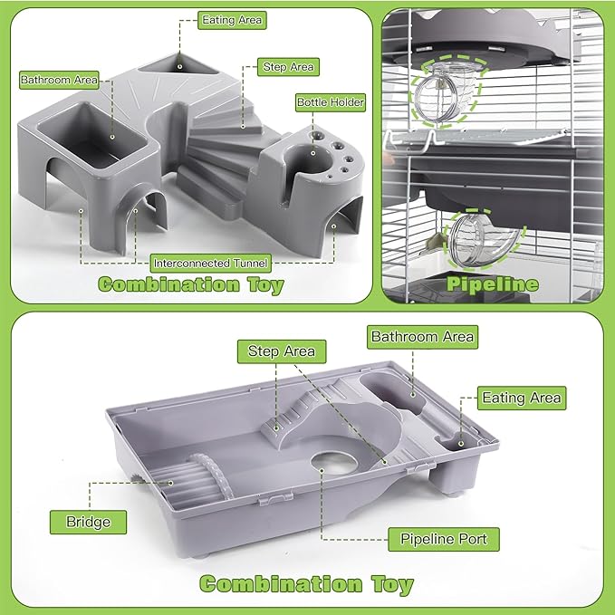 Multilevel Hamster Cage Starter Kit 18″Lx11″Wx23″H for Dwarf Hamster Under 3″ in Length with Platforms, 3 Tube Ports, Bathtub, Food Bowl, Steps, 2 Exercise Wheels, Doors, House, Water Bottle