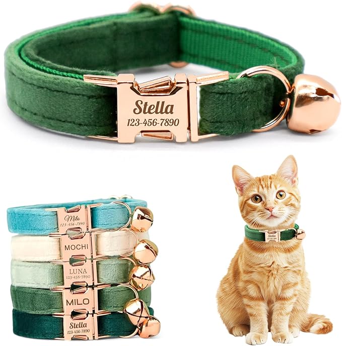 Personalized Non-Breakaway Cat Collar with Name, Luxury Soft Velvet Custom Engraved Name Collar with Bell for Kittens & Cats (Dark Green, L (7.5-12.5 inches))
