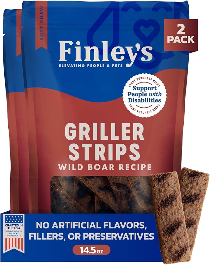Finley's Wild Boar Griller Strips for Dogs, Jerky-Style Dog Treats with Real Ingredients for All Breeds and Sizes, 14.5oz, 2 Pack