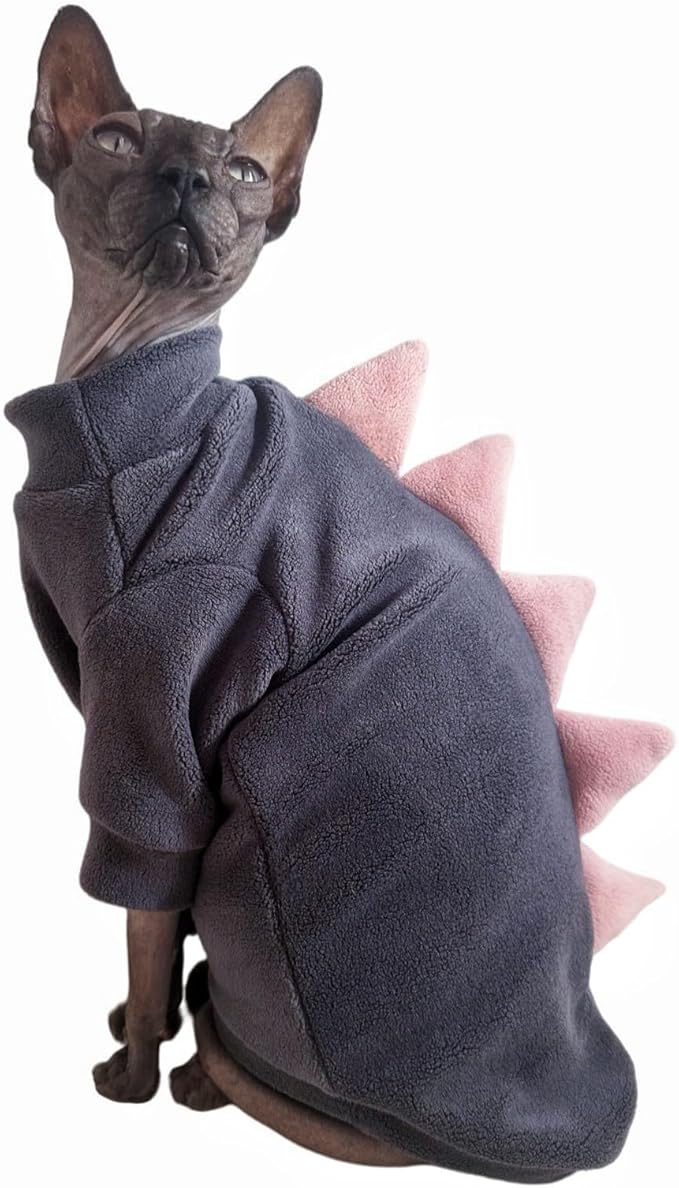 Dinosaur Sphynx Cat Clothes, Soft Polar Fleece Sweater for Cat, Elastic Pet Clothes Thick Winter Warm Outfit for Hairless Cat, Devon, Cornish, Small Dogs Apparel with Sleeves (Grey, XX-Large)