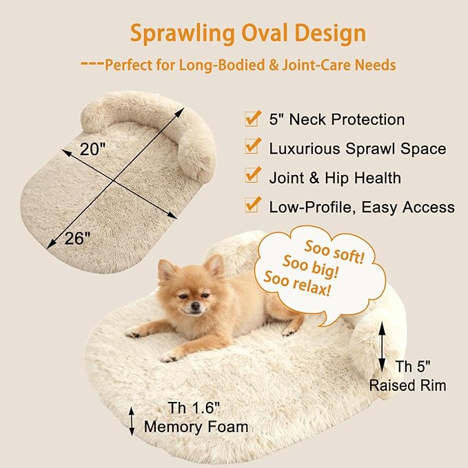 Calming Dog & Cat Beds for Small Medium Dogs Cats, Anti-Anxiety Plush Pets Lounge Couch Sofa Orthopedic Cushion, Soft Fluffy Faux Fur Washable, Fits up to 25 lbs Pets (Oval, Beige 26"x20")