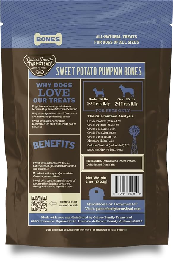 Gaines Family Farmstead Pumpkin & Sweet Potato Dog Bones, 4 Pack - 40 oz Bags, Natural, Grain-Free Dog Treats for Digestive Health & Immunity – High-Fiber, Vitamin-Rich Chews, Made in USA