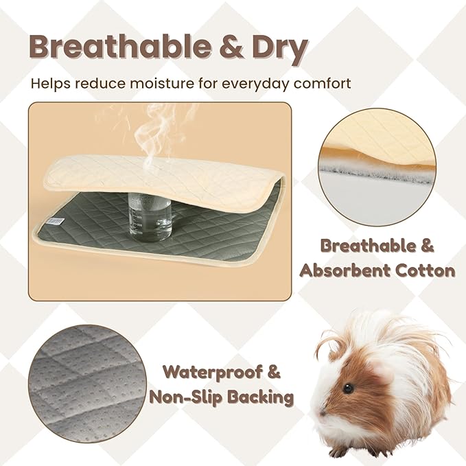 3 Pack Guinea Pig Pad 12” x 12” | Washable & Reusable Guinea Pig Cage Liner, 4-Layer Absorbent Pee Pad with Waterproof TPU & Anti-Slip Bottom | Soft Fleece Bedding for Guinea Pigs-White