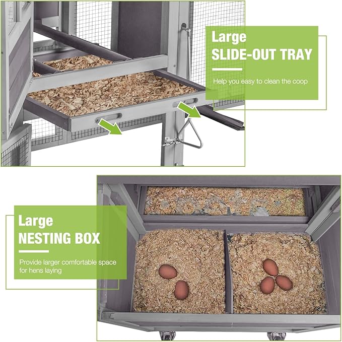 GUTINNEEN Chicken Coop with Wheels, Lagre Hen House with Run, Portable Chicken Cage with Nesting Box, Waterproof Roof and Metal Tray for 4-6 Chickens,Mobile Chicken Tractor, 74.9" L