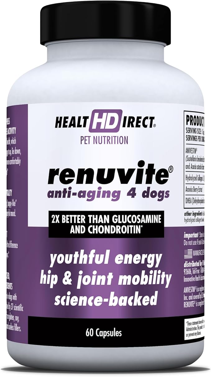 HEALTH DIRECT – RenuVite 4 Dogs | Hip & Joint Supplement for Senior Dogs | Supports Mobility & Energy | Anivestin, Collagen, Aronia Berry, DHEA | 20-120 Servings, 60 Capsules