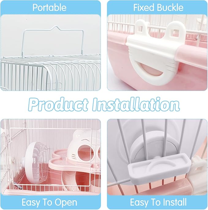 PINVNBY Dwarf Hamster Cage, Small Animal Cages, 2-Tier Travel Portable Mouse Cage Hamster Carrier with Castle House Running Exercise Wheels, Water Bottle and Food Dish（Pink）