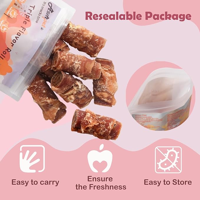 ASMPET Rawhide Free Dog Treats, Triple Flavor Chicken Wrapped Duck and Beef Rolls, Healthy Dog Snacks