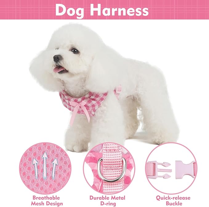EXPAWLORER Cute Dog Harness Collar Leash Set - Pink Girl Dog Harness Checkered Step-in Design, Detachable Bow Pet Collar, Adjustable No-Choke Lightweight Mesh Vest for Cats Puppy Small Dogs, XS