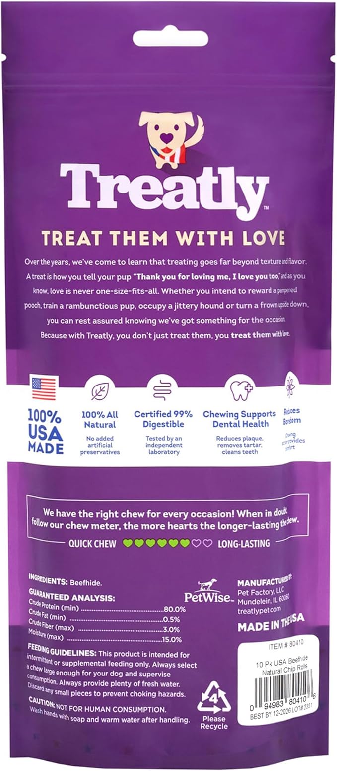 USA Beefhide Chip Rolls 10-11" Dog Chew Treats - Natural Flavor, 10 Count/1 Pack