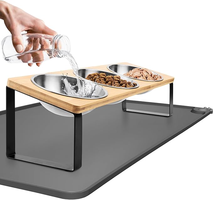 Raised cat Bowls for Indoor Cats by WinTruffles, Elevated cat Bowls, Tilted and Elevated Anti Vomiting Cat Dishes for Food and Water, Set of 3 Stainless Steel Bowl