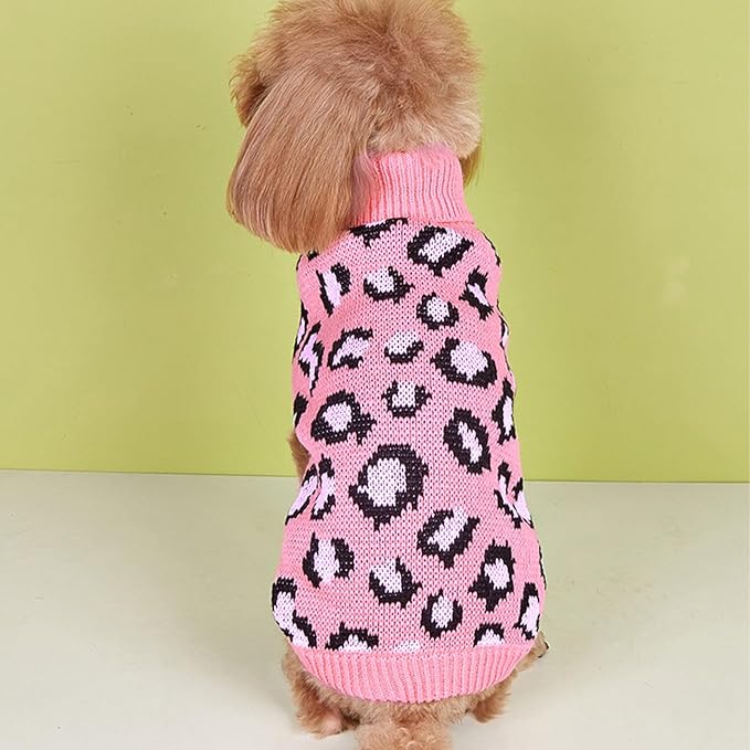 Leopard Knit Sweaters for Small Dogs, Pink Turtleneck Pullover for Pet, Puppies Cats Winter Sweater for Valentines Day Holiday