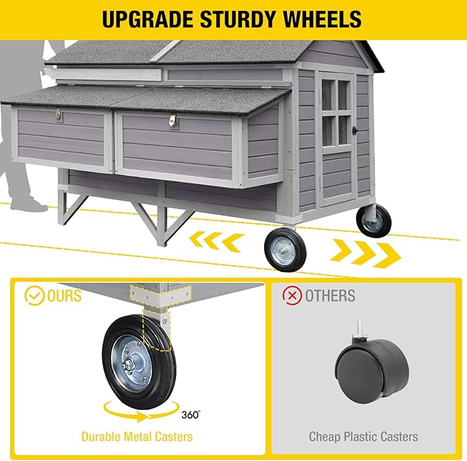 Mobile Chicken Coop with Wheels, Large 16.4ft² Chicken House for 6-8 Chickens, Weatherproof Chicken Tractor, with Nesting Boxes & Foldable Ramp, Easy Clean with Pull-Out Metal Trays