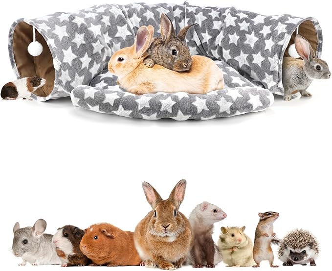 BWOGUE Bunny Tunnel Bed, 2-in-1 Collapsible Tunnel Tubes Toys with Removable Mat Hideout for Cats Kittens Rabbits Guinea Pigs Kitty (Greystar)