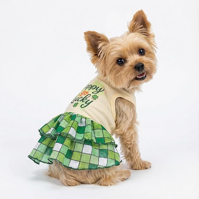 Fitwarm Happy Go Lucky Dog Dress, St Patricks Day Dog Clothes for Small Dogs Girl, Funny Pet Outfit, Green, Light Yellow, XS