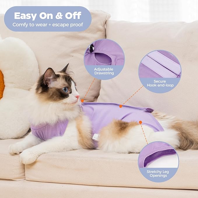 Avont Cat Recovery Suit Female Kitten After Spay Surgery, Breathable Modal Cotton Cat Onesie for Wound & Skin Disease Care, Machine Washable -Purple(S)