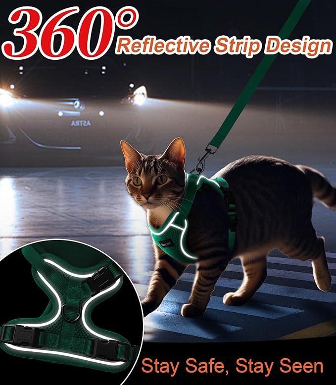 Cat Harness and Leash for Walking Escape Proof Soft Adjustable Cat Leash Breathable Comfortable Vest Easy to Wear Kitten Harness for Outdoor Travel (Emerald, M (13-18lb))