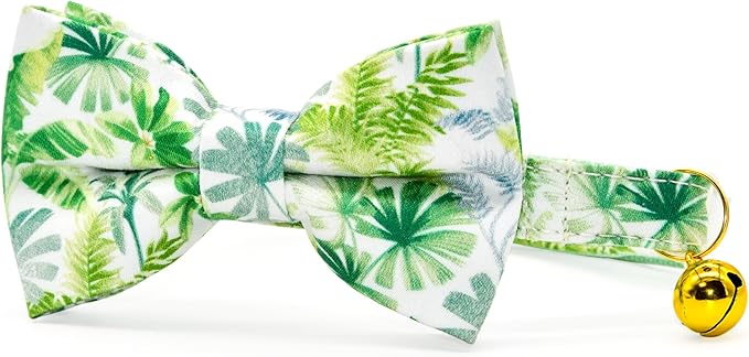 Bow Tie Cat Collar Set, Summer Hawaiian Palm Green, Wedding/Birthday Gift for Cat, Cat Accessories, XS (8" - 13")