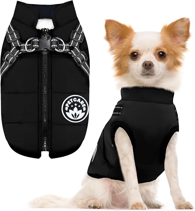 PETCARE Winter Dog Coat with Harness Built in Waterproof Dog Jackets Warm Pet Fleece Vest Windproof Snow Jacket Snowsuit Reflective Dogs Cold Weather Coats for Puppy Small Medium Large Dogs Cats