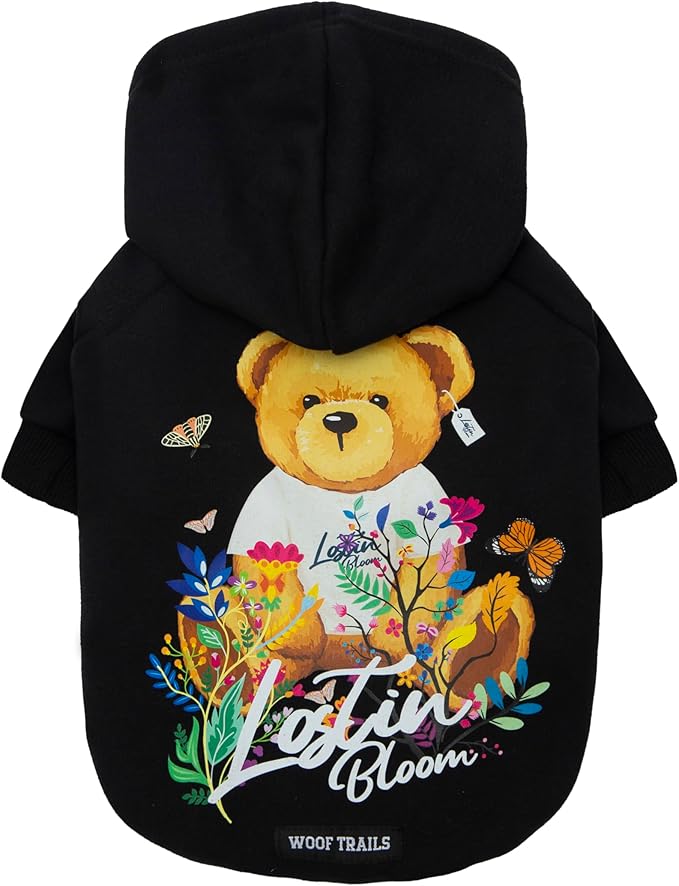 Blooming Teddy Dog Hoodie Dog Clothes Extra Warm Fleece Lining Stretchy Fit for Small Dogs (Black, Medium)