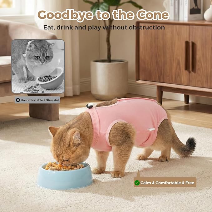 Avont Cat Recovery Suit for Surgery, Breathable Anti-Licking Onesie for Kittens, Surgical Post-Operative Protective Bodysuit, Comfortable Alternative to E-Collar -Pink (L)