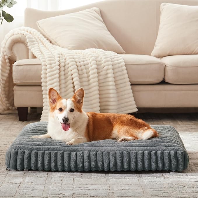 Dog Beds Large Sized Dog, Flat Pet Beds with Removable Washable Cover, Pet Mat Cute Pet Crate Bed Thick Shredded Chopped Crate Foam & Anti Slip Bottom for Indoor, 35"x23"x4" Grey