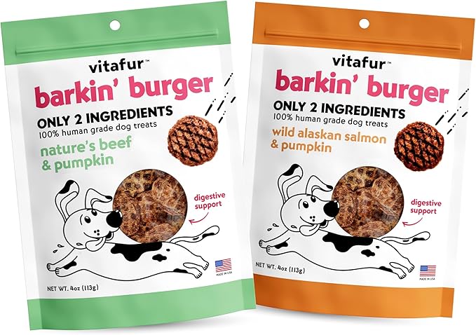 Barkin Burger Dog Treats Variety Pack - Beef & Pumpkin + Salmon & Pumpkin, 2-Pack, Made in USA, Grain Free, Human-Grade, Lean Treats Dogs Love - No Fillers, 4 oz Each