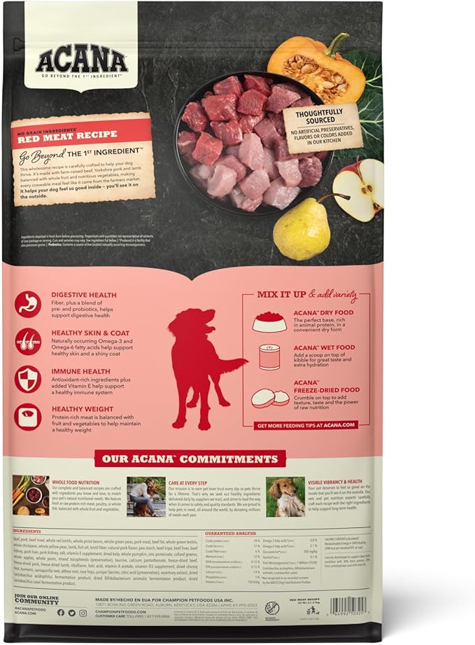 ACANA Grain Free Dry Dog Food Red Meat Recipe 25lb Bag