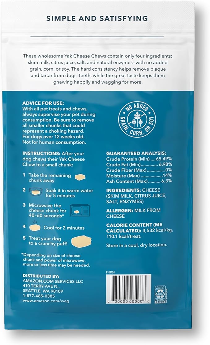 Amazon Brand - Wag Yak Cheese Himalayan Dog Chews, Dog Treats for Small Size Dogs, All Natural, High Protein for Aggressive Chewers, 15lbs and Smaller, 3 Count, 3.3 oz