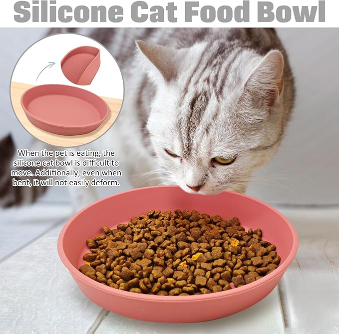 BNOSDM Silicone Cat Food Plate 2 Pack Shallow Dog Bowl Flat Puppy Feeding Dish for Small Dogs and Cats Whisker Fatigue Pet Plates for Dry and Wet Food (Rose Red)