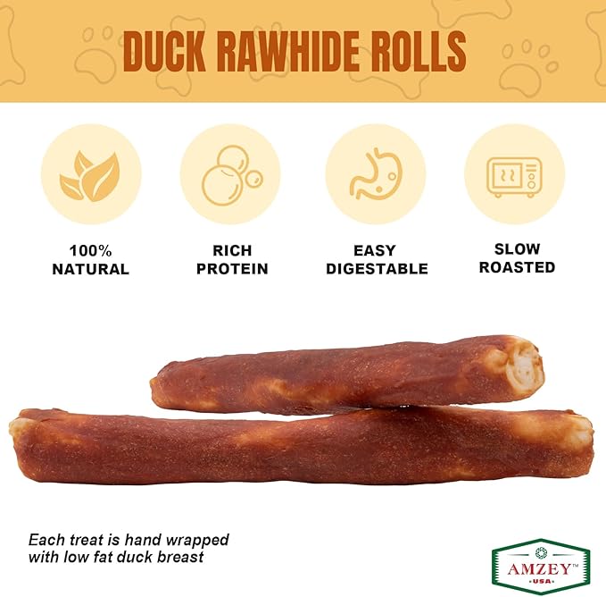 Amzey Collagen Treats for Dogs, 10" Rawhide Retriever Rolls Dog Chews Treats, Duck Wrapped Rawhide Bones Long-Lasting for Large Dogs 50lbs Up, All Natural Duck Basted Dog Rawhide Chews, 5 Count