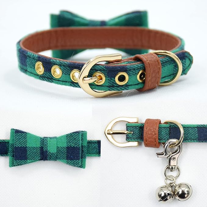 3PCS Bow Tie Dog Collar and Leash Set Plaid/Camo/Dots/Flower Dog Bandanas with Bell 3 Size Adjustable for Small Dogs Puppies and Cats (XS, Green Plaid)