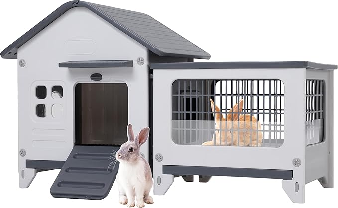 Rabbit Hutch Indoor & Outdoor with Extended Play Area, Plastic Rabbit Hutch with Sloped Roof Drainage, Panoramic Windows, Urine Barrier & Pull-Out Tray, Rabbit Cage Easy to Clean and Assemble