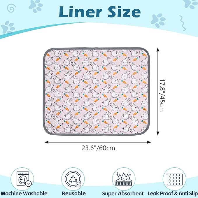 Reusable Guinea Pig Cage Liners, 24" x 18" (Pack of 2) Washable Pee Pads , Super Absorbent & Waterproof & Anti-Slip Pet Bedding Liner, Rabbit Cage Mat for Small Animals (Pink)