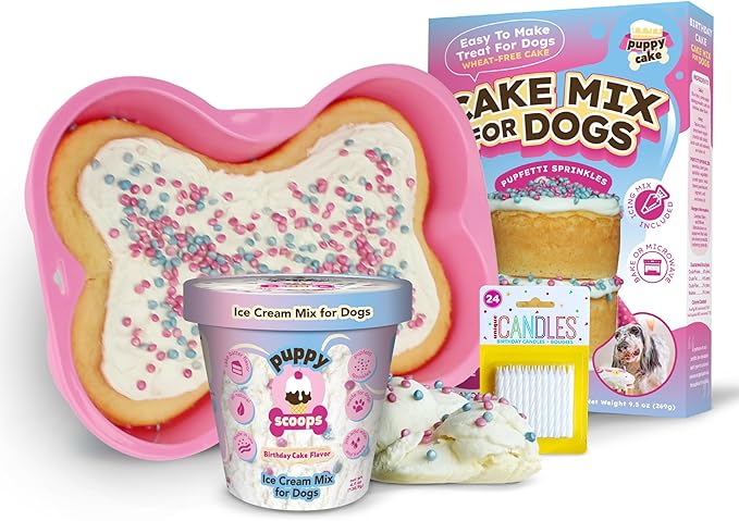 Dog Birthday Cake & Ice Cream Kit – Fluffy, Moist Cake with Pupfetti Sprinkles, Vanilla Flavor Ice Cream, Pink Bone Pan & 24 Candles. All-Natural, Made in USA