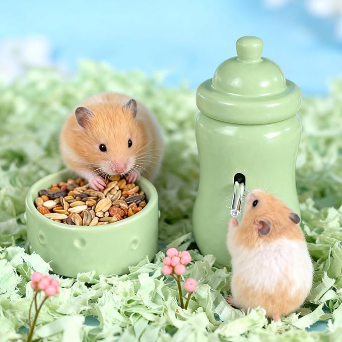 Ceramic Hamster Water Bottle with Stand and Food Bowl Set, Anti Flipping Food Dish and Water Dispenser for Dwarf Hamster Gerbils Syrian Hamster Mice Rats Accessories for Cages (Green)