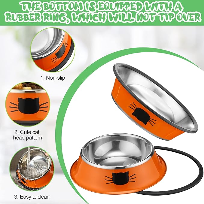 Amylove 6 Pcs Cat Bowls for Food and Water Cat Dishes Stainless Steel Pet Food Bowls 7 oz Anti Slip Metal Pet Dish with Removable Rubber Base Thick for Feeding Indoor Kitten Small Dog(Classic Color)