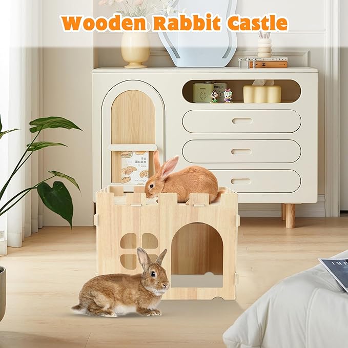 YUEPET Wooden Rabbit Castle, Rabbit Hideout and House Detachable Bunny Habitat Indoor Small Animal Hideout for Adult Bunny Guinea Pig Chinchilla
