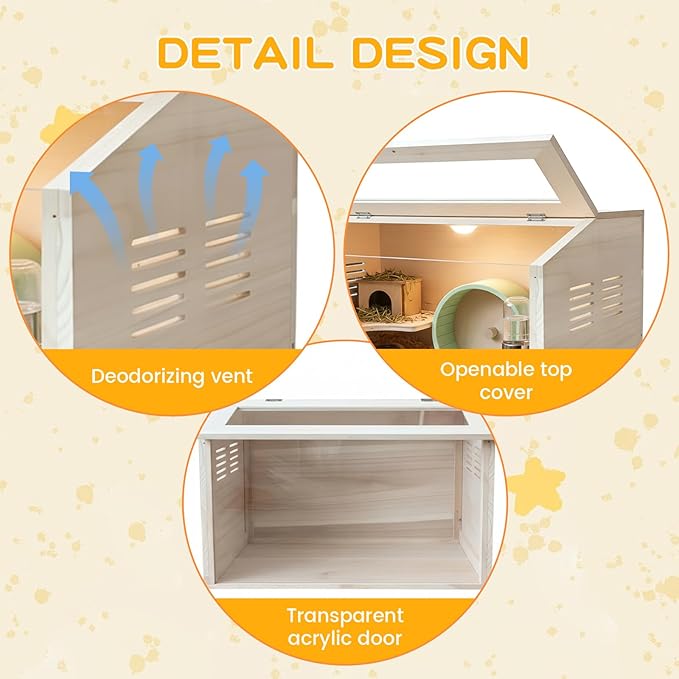 Wooden Hamster Cage Chewproof, Large Hamster Cages and Habitats, Small Animal Habitat with Openable Acrylic Sheet for Gerbil, Degus Mice, Guinea Pig, Rat& Other Small Pets（23.62in）