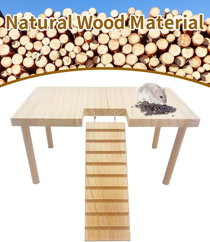BNOSDM Large Wooden Hamster Platform with Ladder - Natural Wood Standing Platform for Syrian Hamsters, Guinea Pigs, Gerbils, Chinchillas, Mice